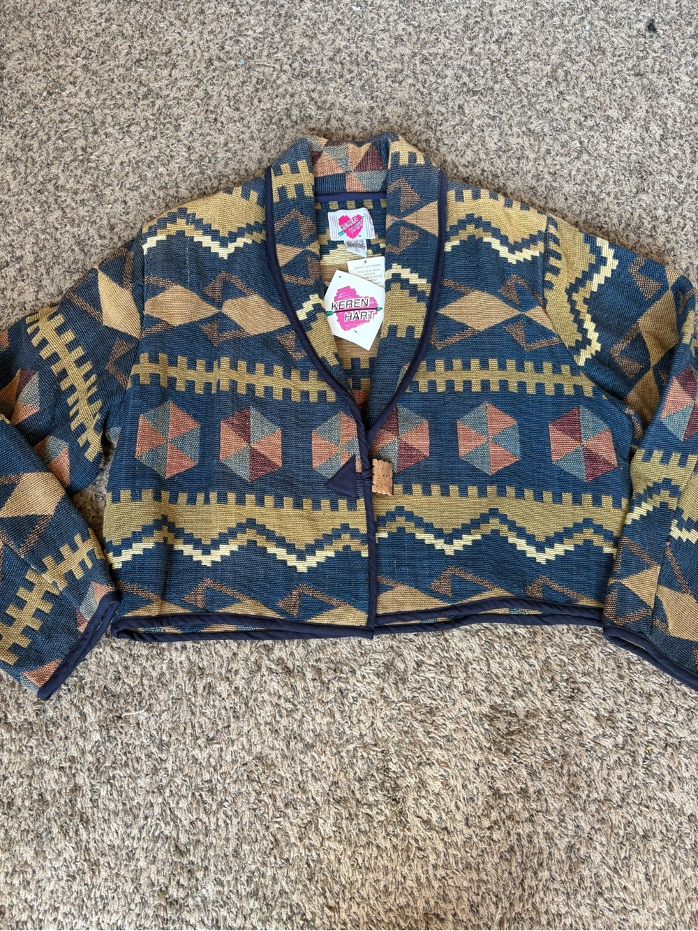Keren hart VTG Cropped Geometric Shawl Collar Jacket in Navy, Mustard & Rust